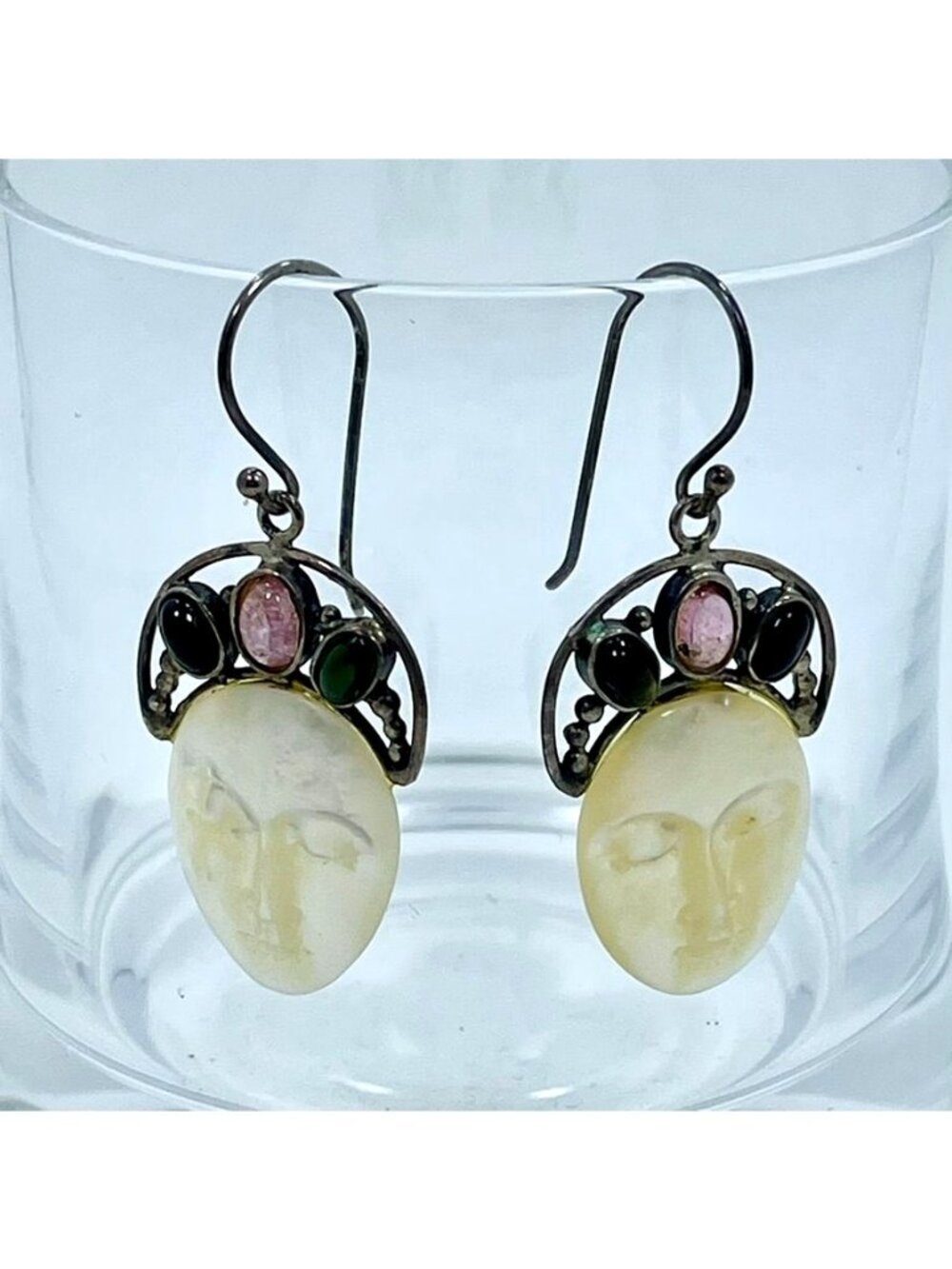 Sterling Silver MOP Face Garnet Pink Quartz Earrings